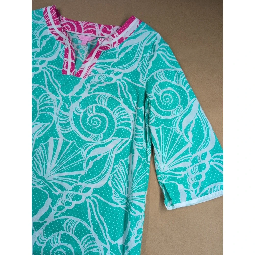 Lilly‎ Pulitzer Women Small Swim Cover Teal Tunic King Conch 3/4 Sleeve Seashell